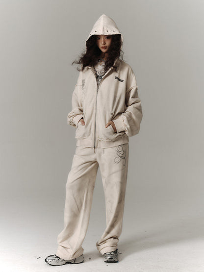 Washed Damage Oversize Zipper Hoodie & Wide Leg Pants Setup NA8913