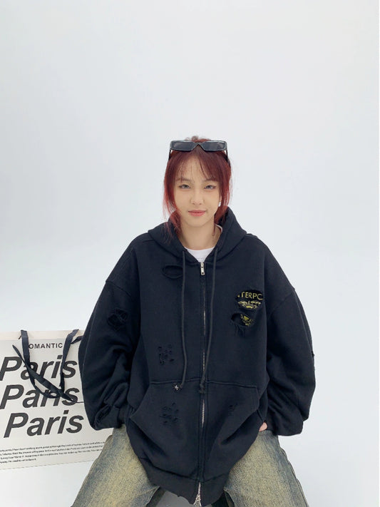 Oversize Damage Zipper Hoodie NA2843