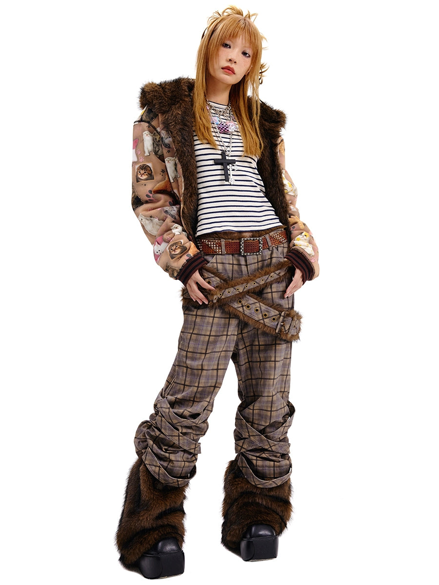 Plaid Fake Fur Patchwork Pants NA6688