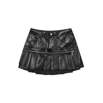 Zipper Pleats PU Leather Skirt NA3895