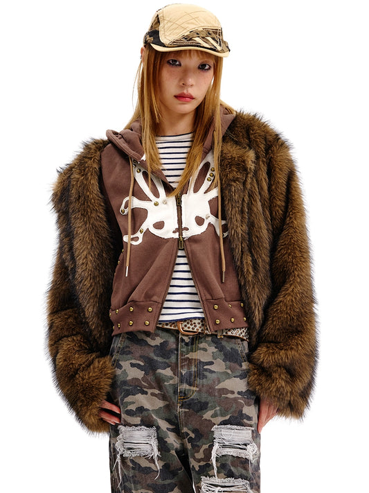 Rabbit Skull Fake Layered Fake Fur Jacket NA6699