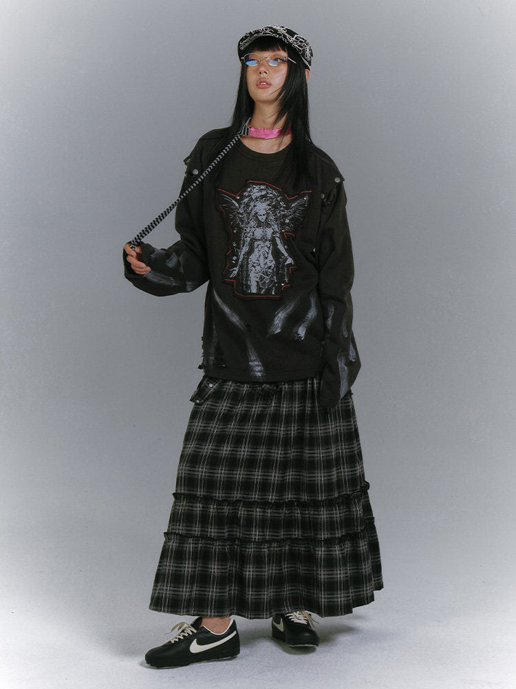 Washed Damage Patch Embroidery Print Long Sleeve T-Shirt NA8889