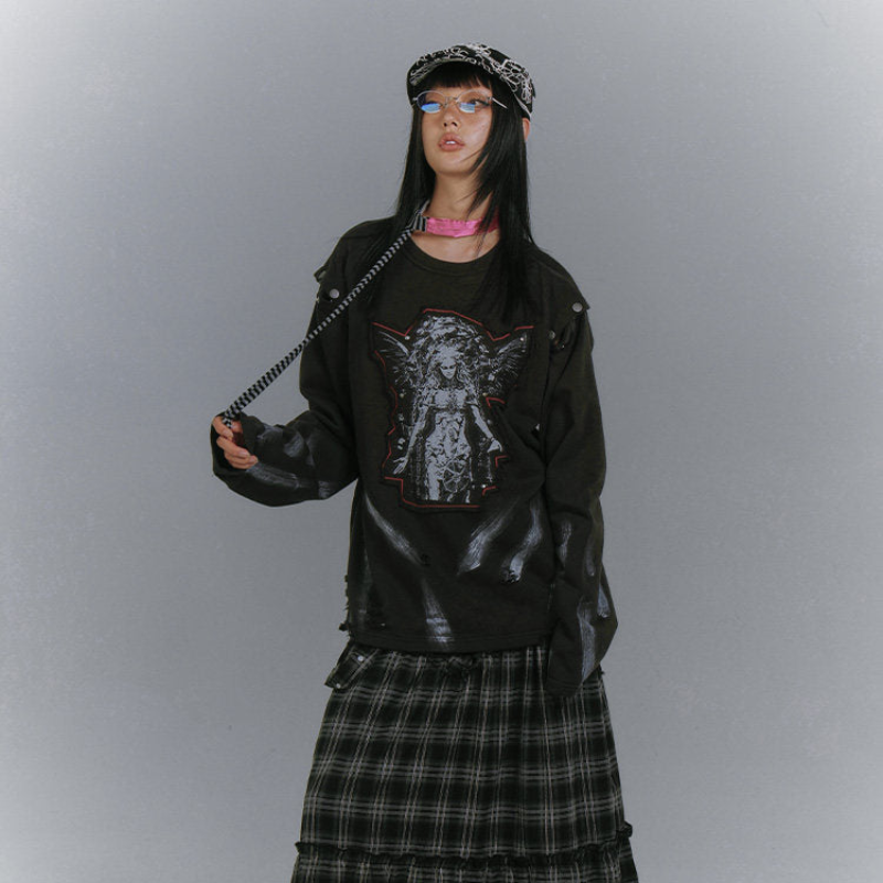 Washed Damage Patch Embroidery Print Long Sleeve T-Shirt NA8889