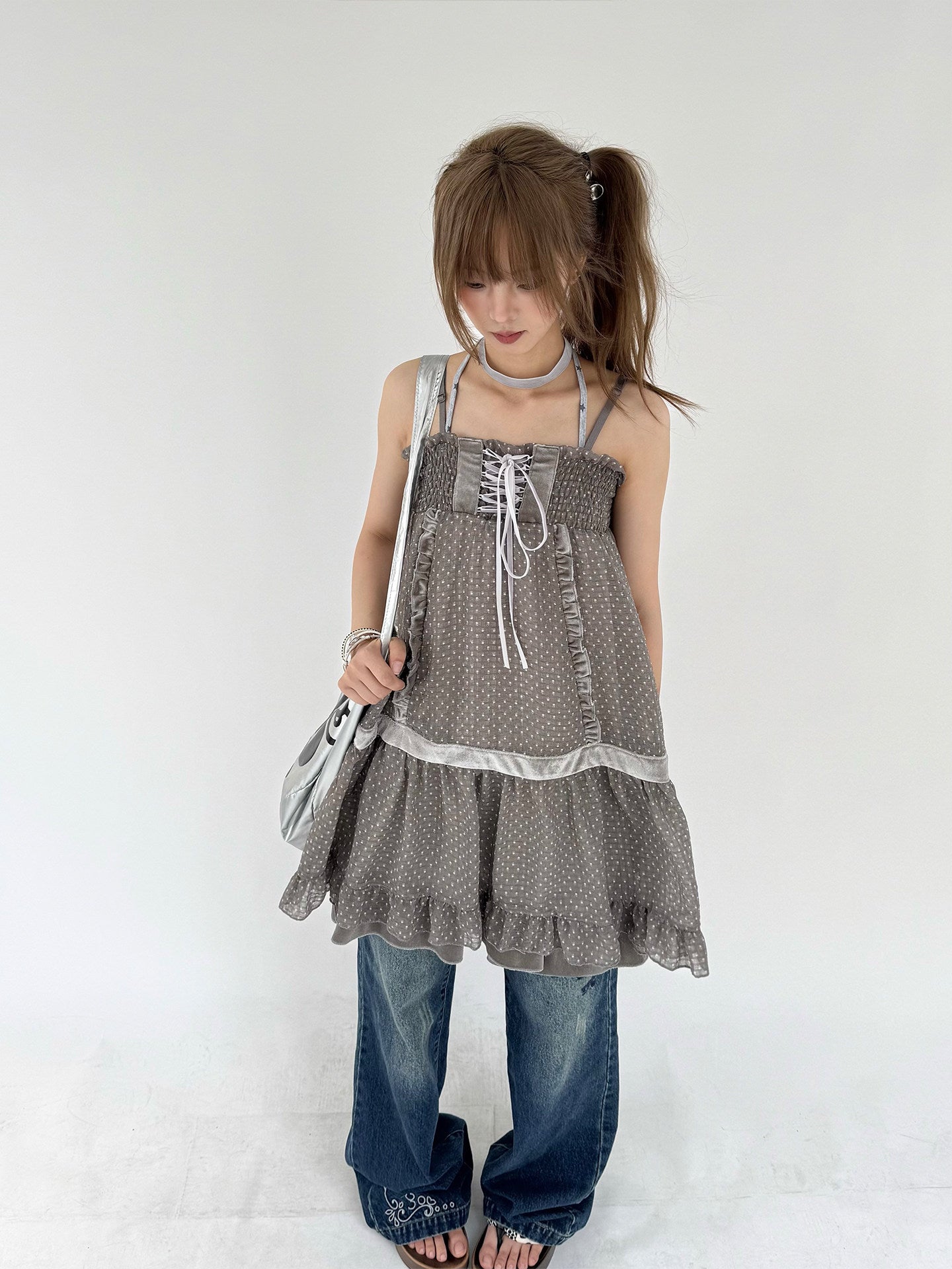 Polka Dot Patchwork Spaghetti Strap Dress NA9240