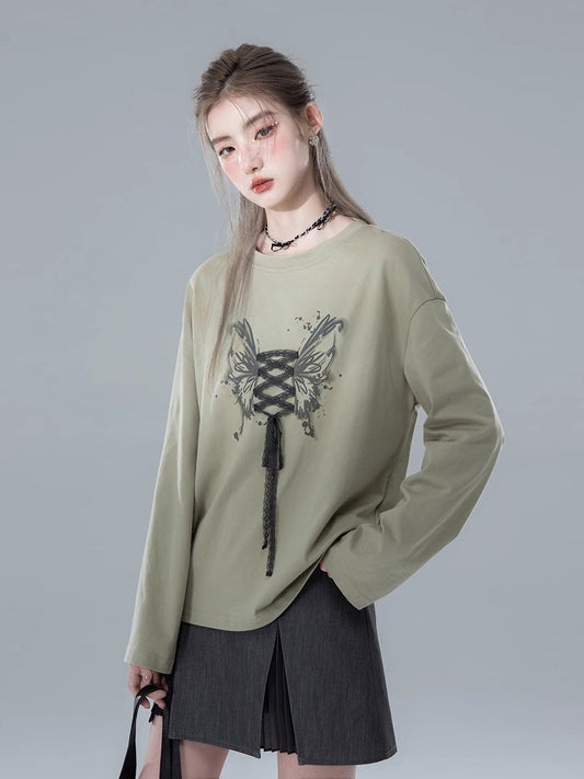 Butterfly Print Hand Cranked Lace Long Sleeve T-shirt NA5563