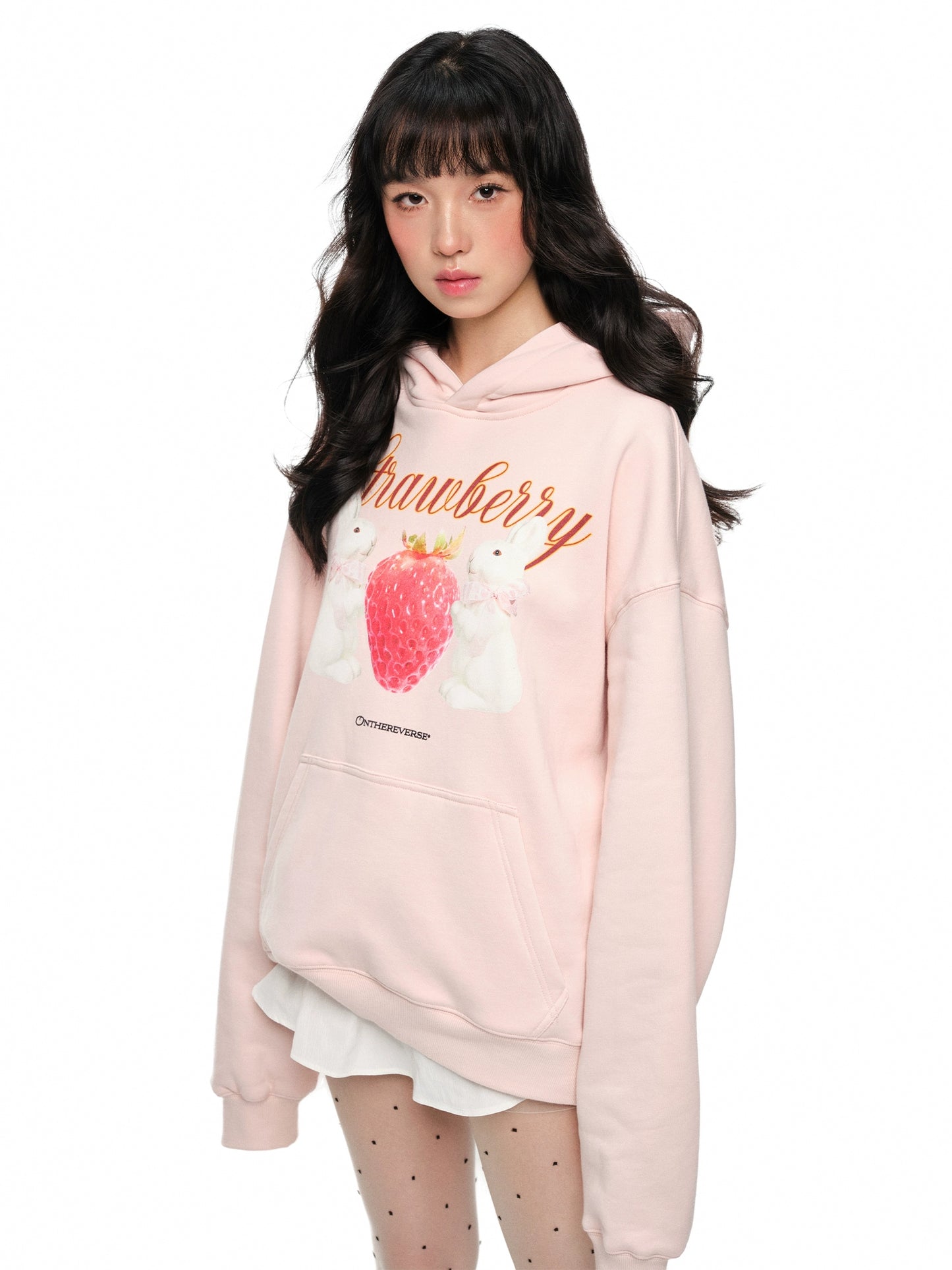 Oversize Strawberry and Bunny Print Hoodie NA6059