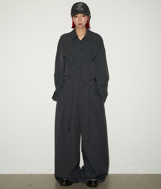 Button Front Long Sleeve Shirt & Pleats Wide Leg Trousers Setup NA9095