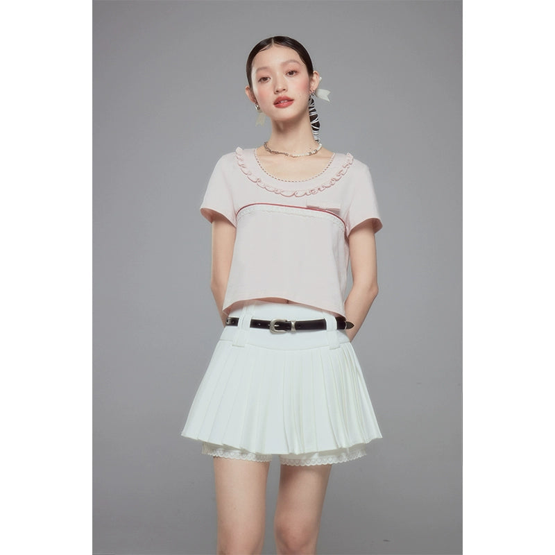 Cropped Contrast Lace Collar Short Sleeve T-shirt NA5333