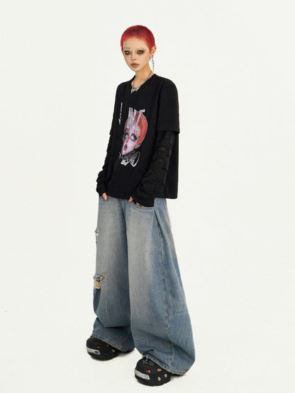 Cartoon Portrait Print Fake Layered Design Long Sleeve T-Shirt NA8604