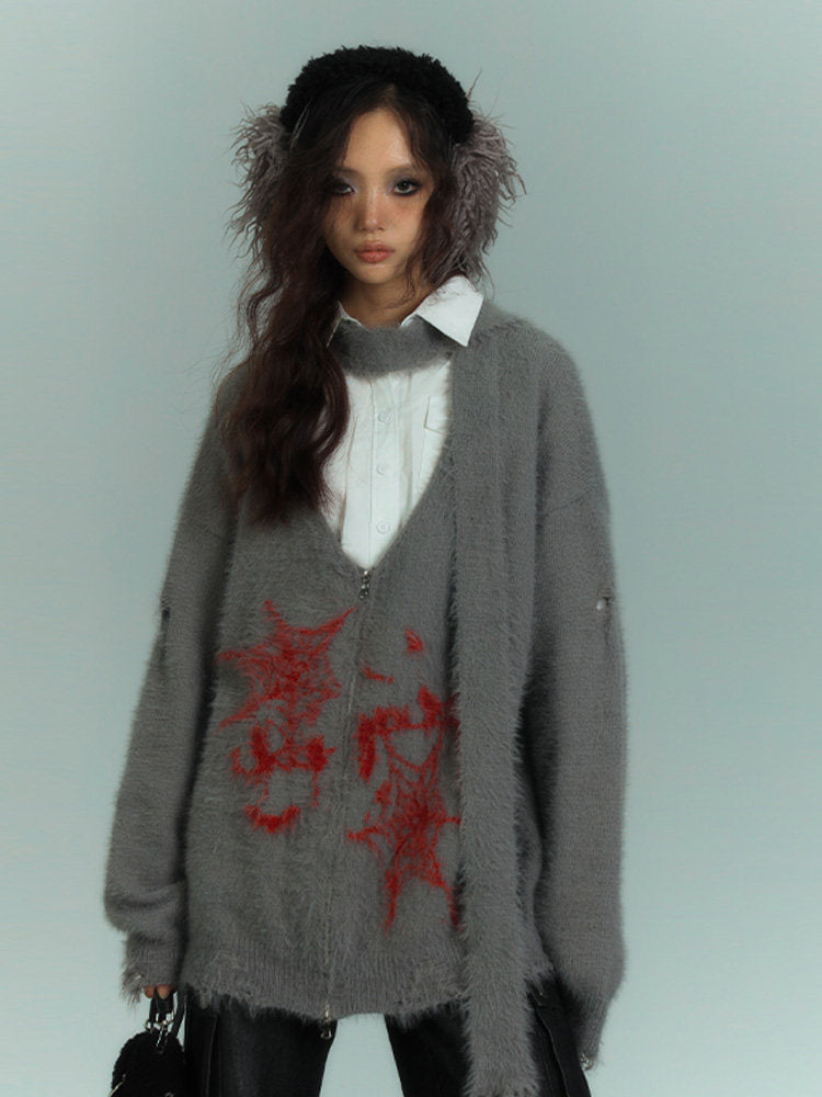 V-Neck Fake Mink Damage Zipper Knit Cardigan NA8876