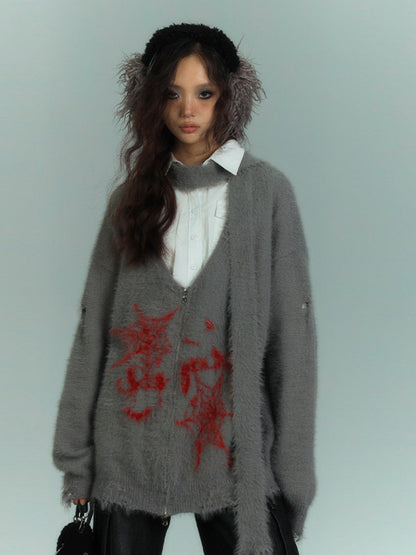 V-Neck Fake Mink Damage Zipper Knit Cardigan NA8876
