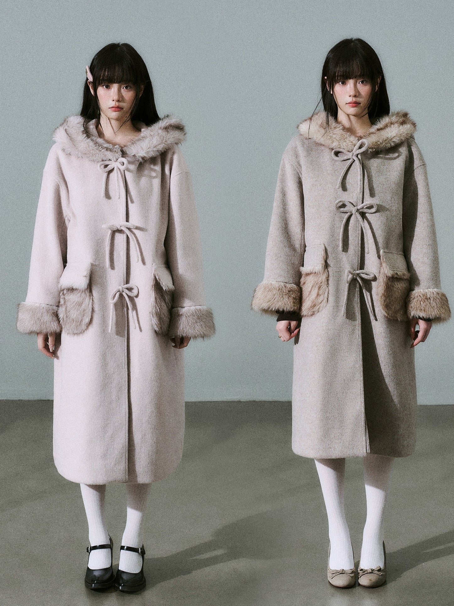 Bow Detail Fake Fur Trim Coat NA8829