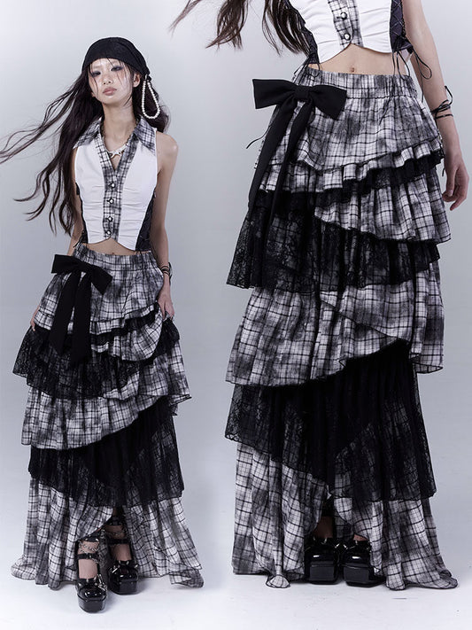 Lace Plaid Tiered Asymmetric Skirt NA8533