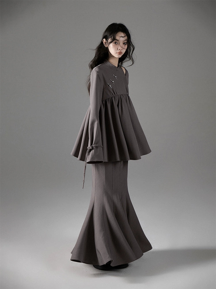 Ruffle Long Sleeve Shirt & Fishtail Long Skirt Setup NA5605