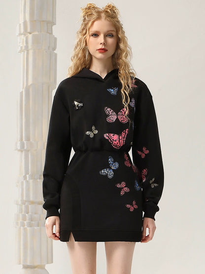 Butterfly Print Hooded Long Sleeve Dress NA5505