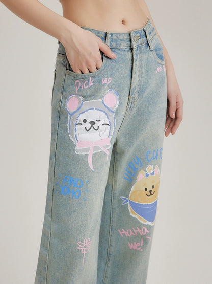 Dog Graffiti Wide Leg Denim Jeans NA3478