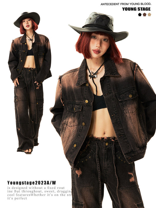 Washwd Damage Denim Jacket & Damage Wide Leg Denim Jeans Setup NA9431