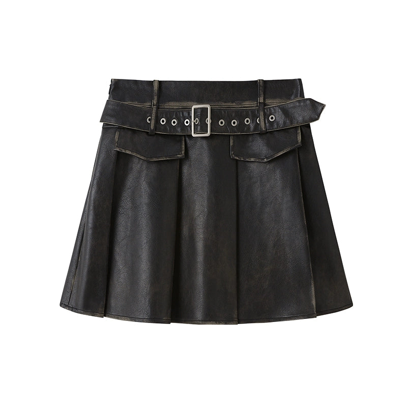 High Waist Pleats PU Leather Short Skirt NA5387