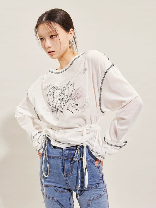 Hand-Drawn Rabbit Print Long Sleeve T-Shirt NA6590