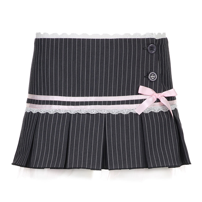 Stripe Bow Pleated Short Skirt NA4548