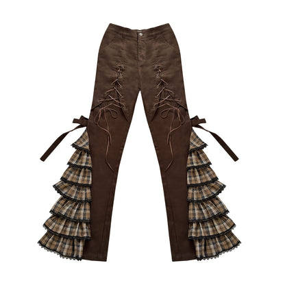 Plaid Lace-Up Ruffle Slimming Pants NA8559