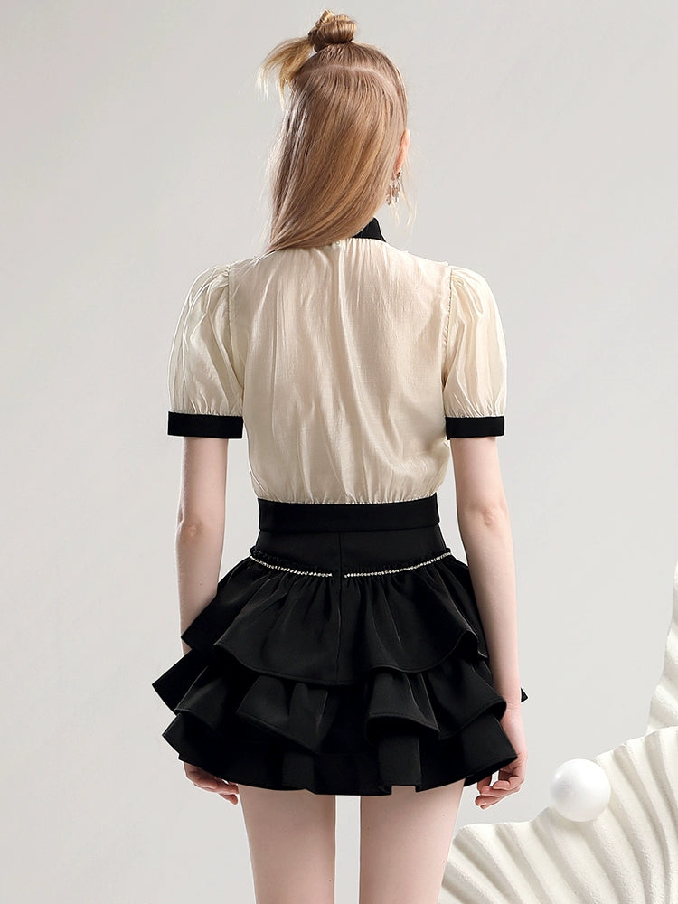 Contrast Color Bow Waist Up Short Sleeve Blouse NA5467