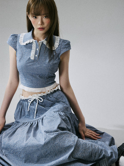 Lace-Trim Short Sleeve Shirt & Drawstring Skirt Setup NA8856