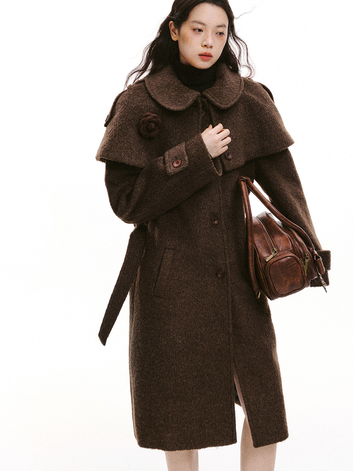 Cape Collar & Flower Detail Belted Coat NA8864