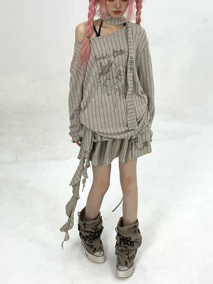 Ribbed Letter Print Strap Detail Oversize Knit Sweater NA9298