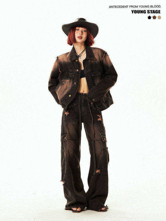Washwd Damage Denim Jacket & Damage Wide Leg Denim Jeans Setup NA9431
