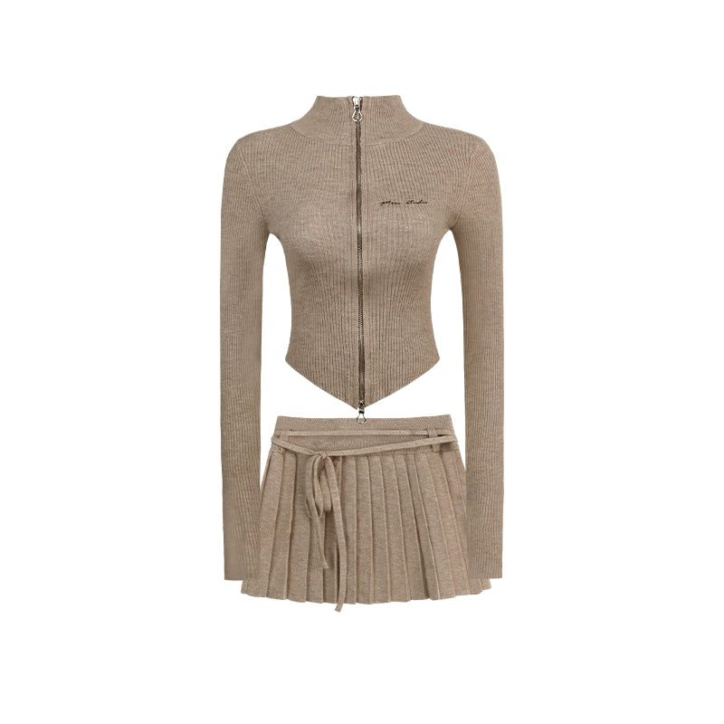 Slim Fit Cropped Zipper Knit Cardigan & Pleated Skirt Setup NA4008