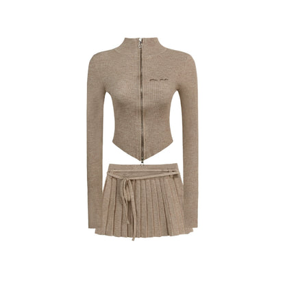 Slim Fit Cropped Zipper Knit Cardigan & Pleated Skirt Setup NA4008