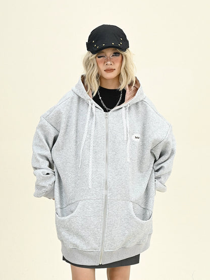 Oversize Lace Strap Zipper Hoodie NA6276