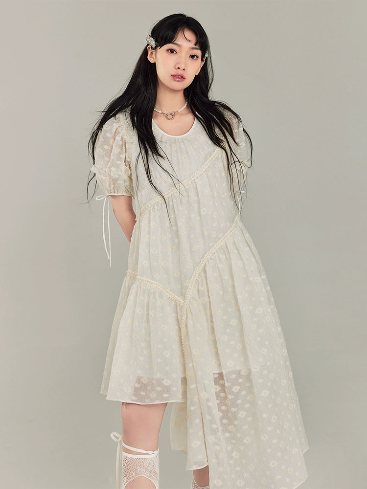 Jacquard Design Short Sleeve Dress With Irregular Hem Length NA5395