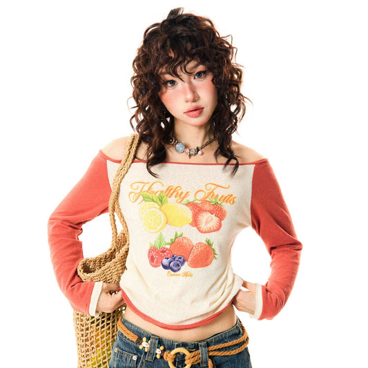 Fruit Graphic Print Off-Shoulder Fitted Long Sleeve T-Shirt NA9382