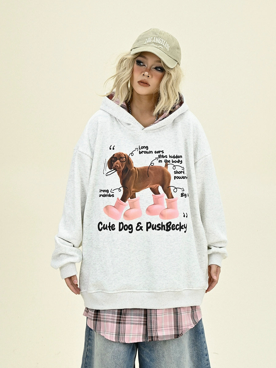 Dog Print Fake Layered Plaid Patchwork Hoodie NA6221