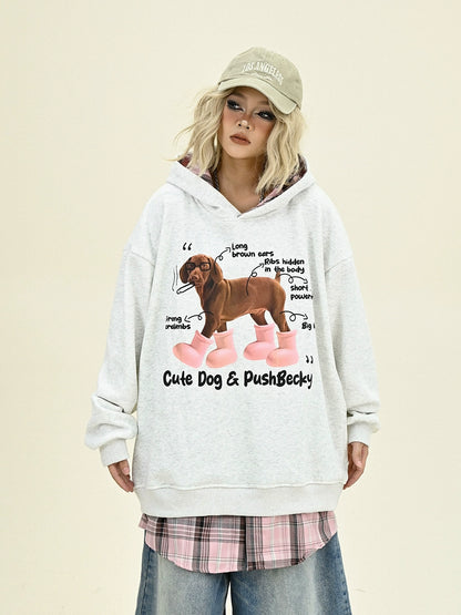 Dog Print Fake Layered Plaid Patchwork Hoodie NA6221