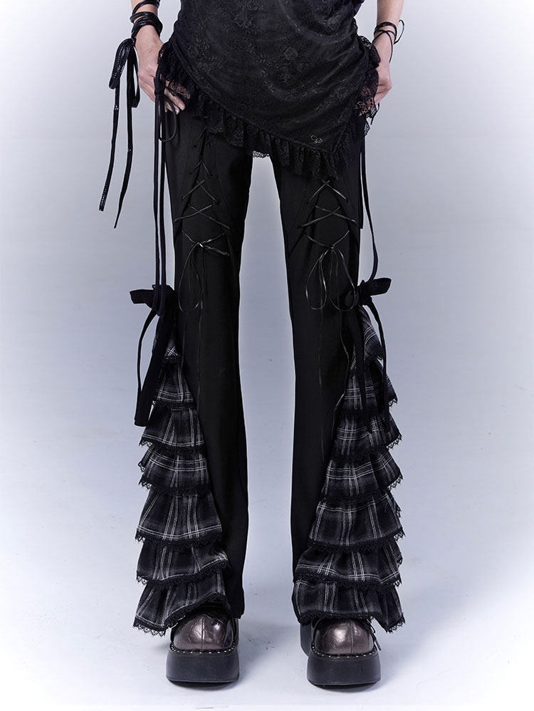 Plaid Tie Detail Tiered Pants NA8539