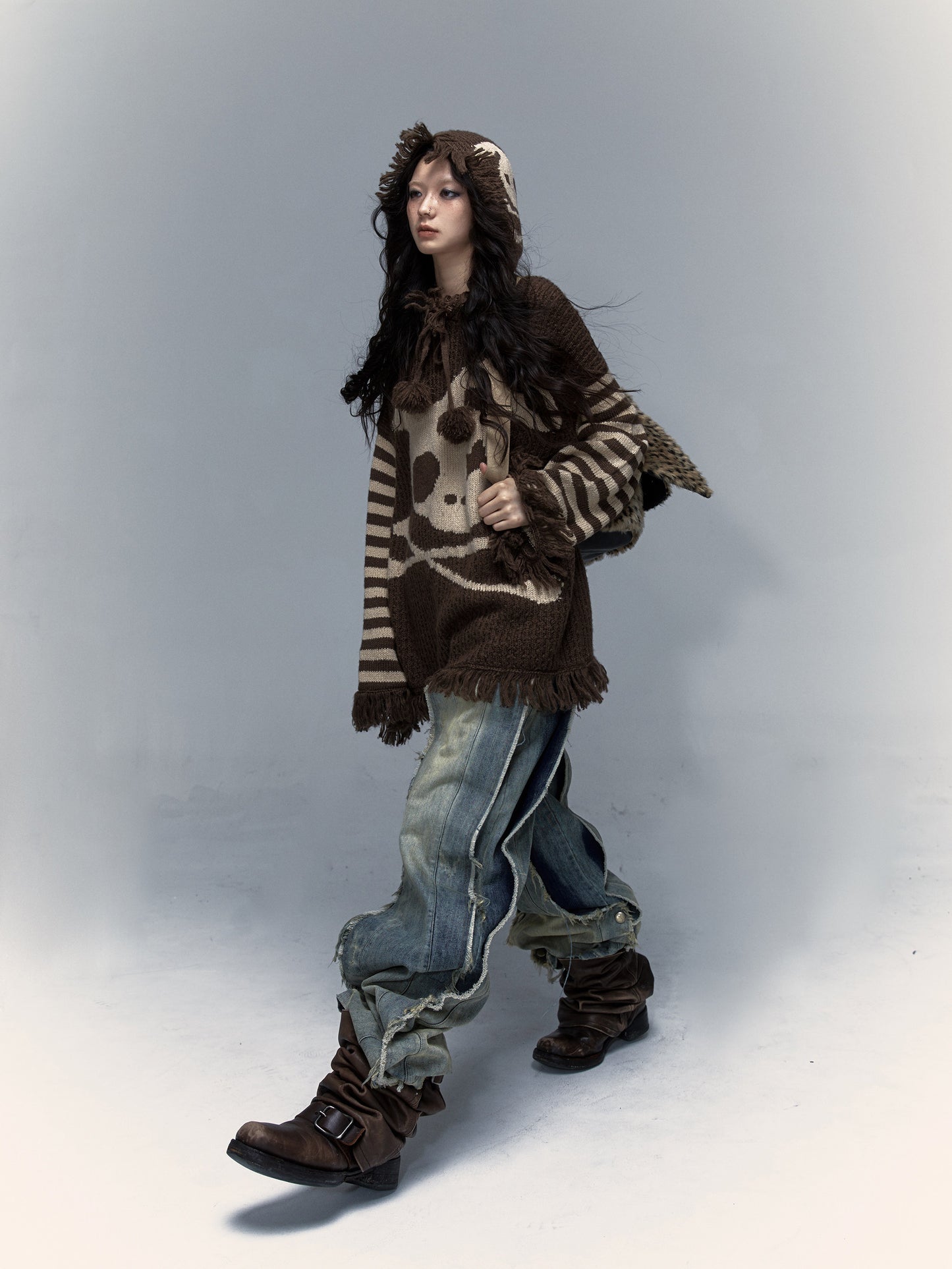 Skull Print Stripe Oversize Knit Hoodie NA8999