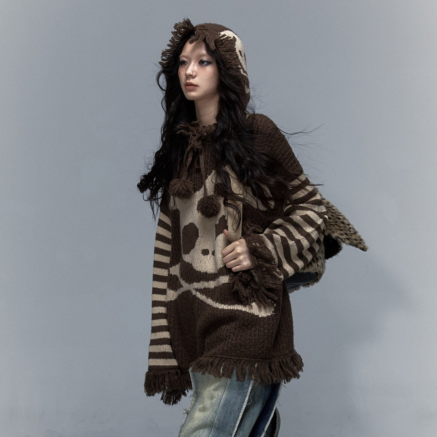 Skull Print Stripe Oversize Knit Hoodie NA8999