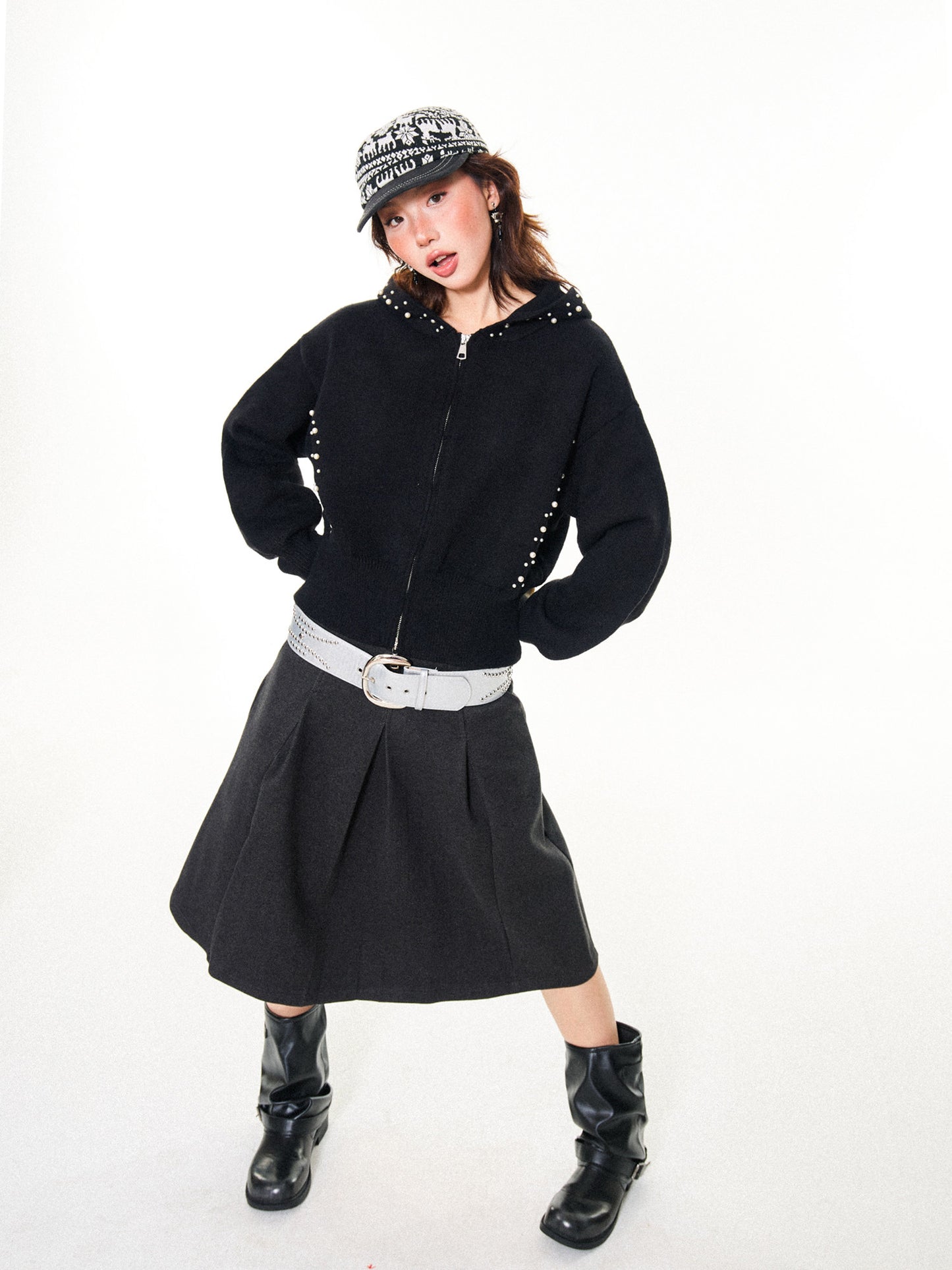Pearl Embroidery Cropped Zipper Hoodie NA9341