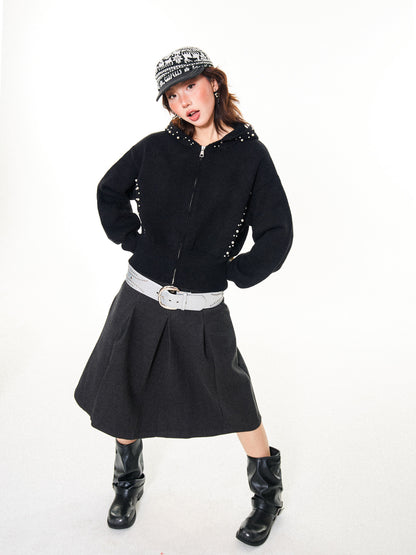 Pearl Embroidery Cropped Zipper Hoodie NA9341
