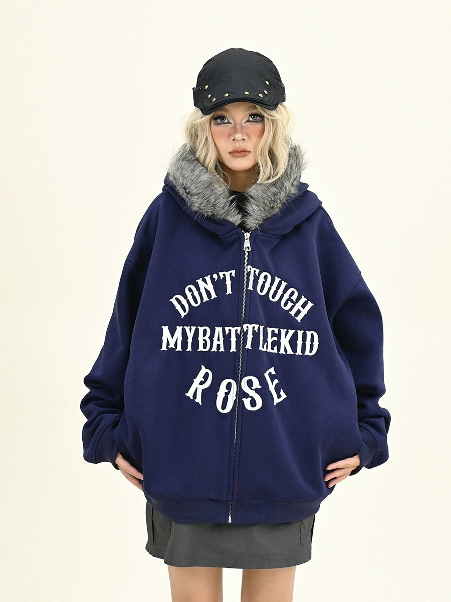 Fake Fur Collar Fleece Oversize Zipper Hoodie NA6309