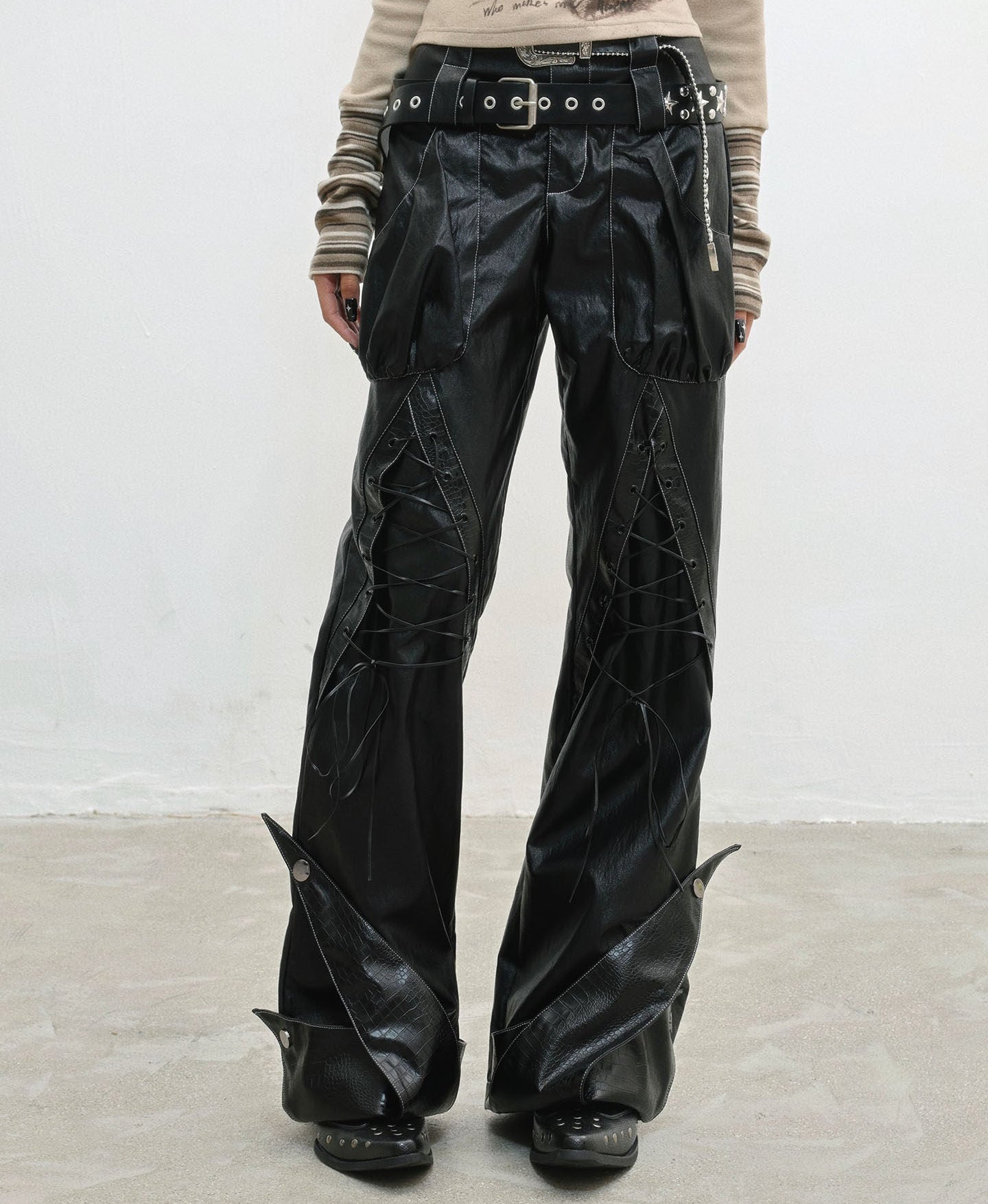 Original Design Lace-Up Double Waistband Structural PU Leather Pants NA8560