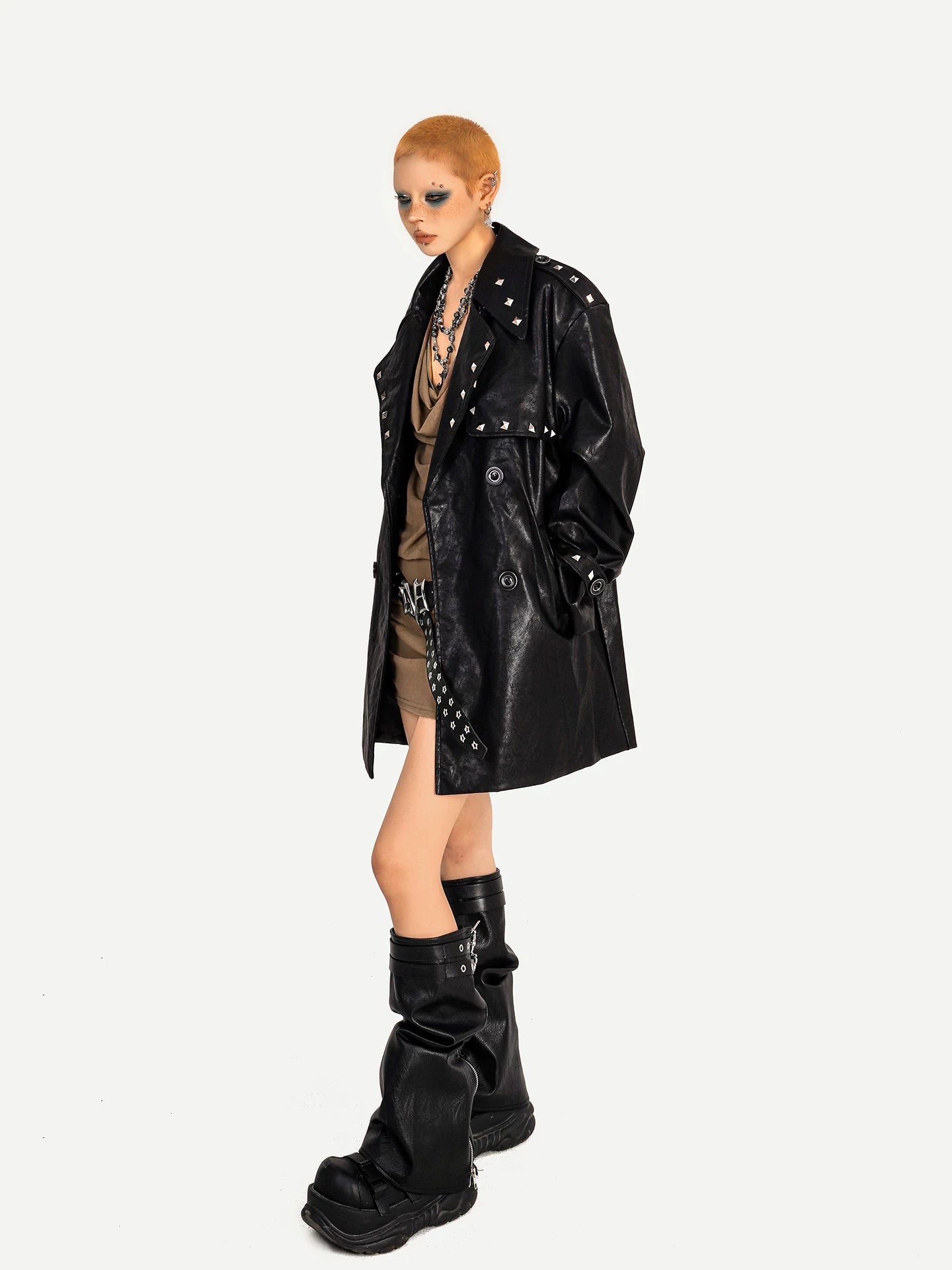 NA8637 Nico Molly Biker Spice Girl Studded Leather Jacket Women's Fall & Winter Premium Midi Coat NA8637