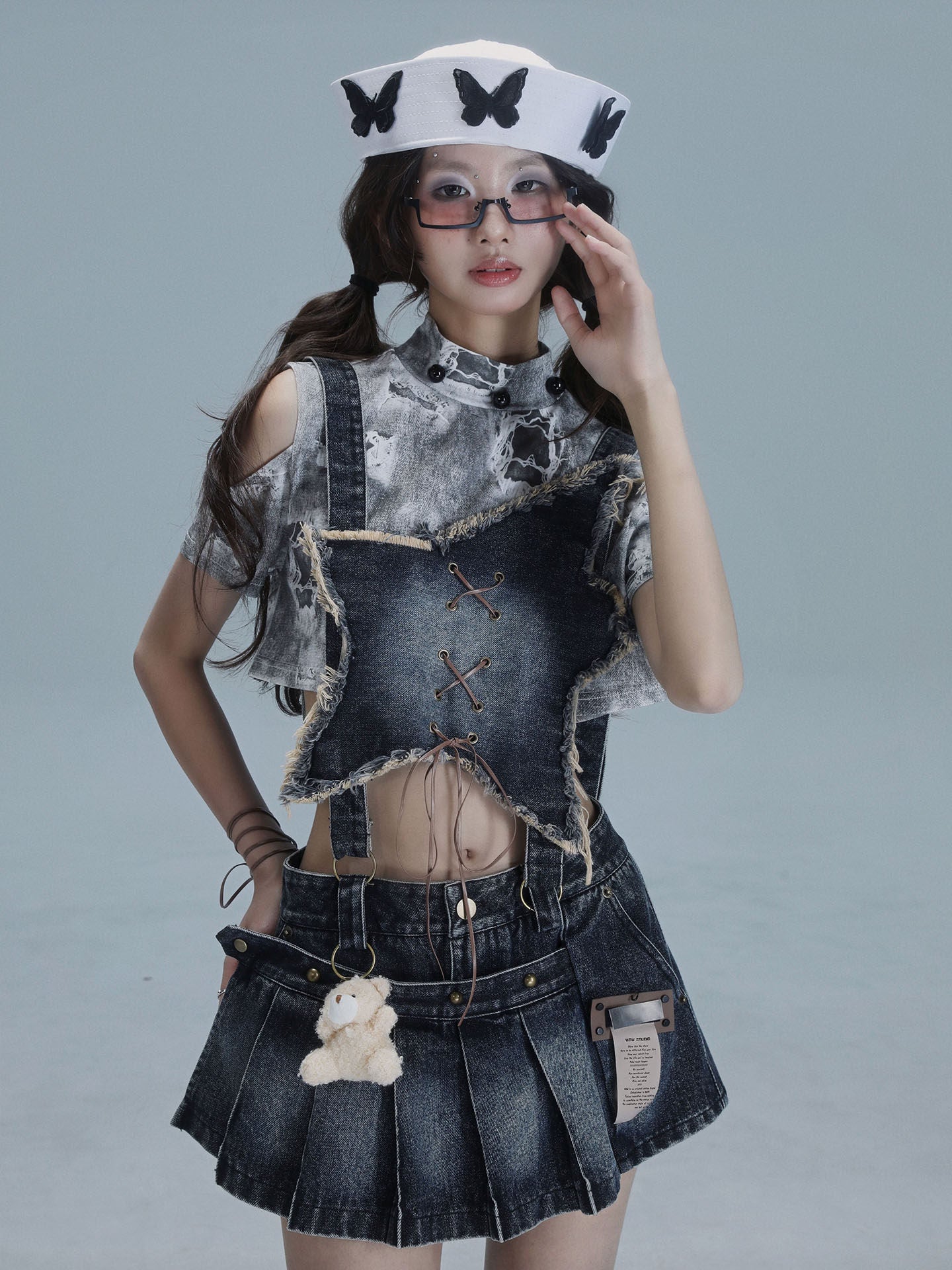 Detachable Washed Suspender Denim Short Skirt & Inner Shirts Set NA8554
