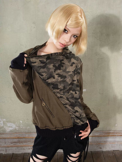 Camouflage Patchwork Draped-Collar Jacket NA6185