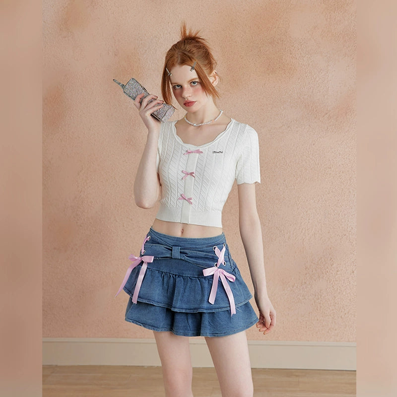 Bow Design Short Sleeve Knit Top NA3378