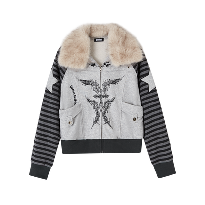 Fur Collar Patchwork Oversize Zipper Hoodie NA8899