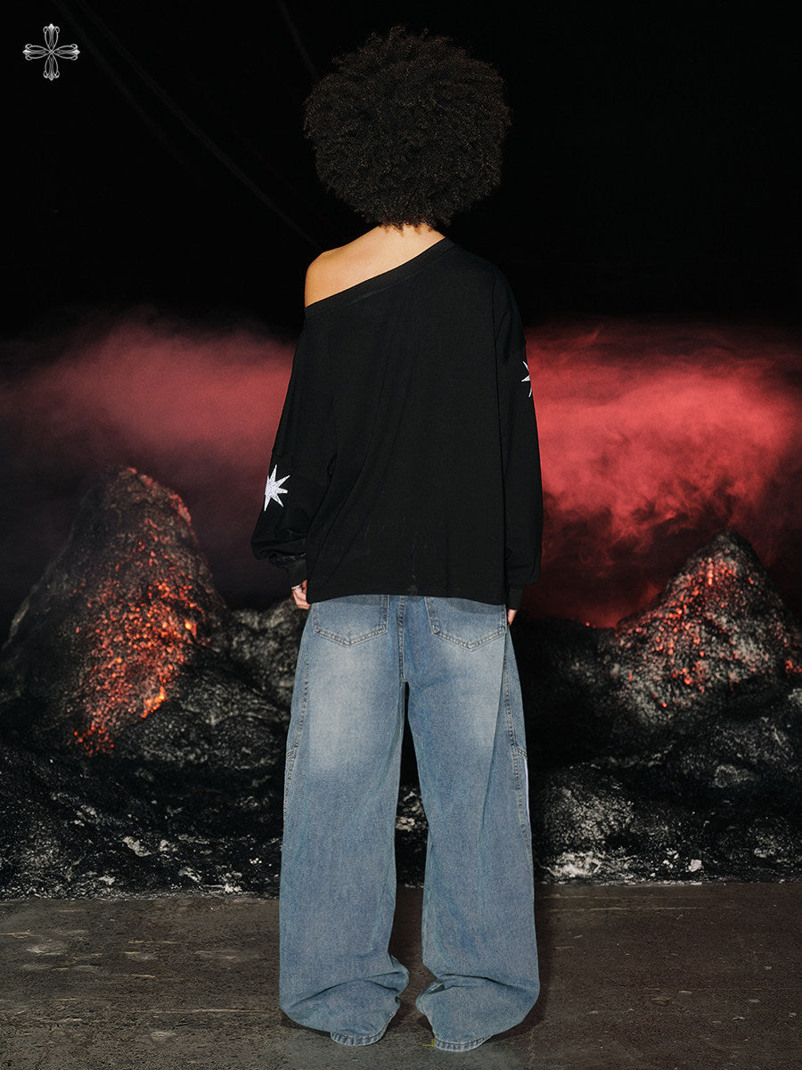 Stripe Line Washed Wide Leg Denim Jeans NA8941